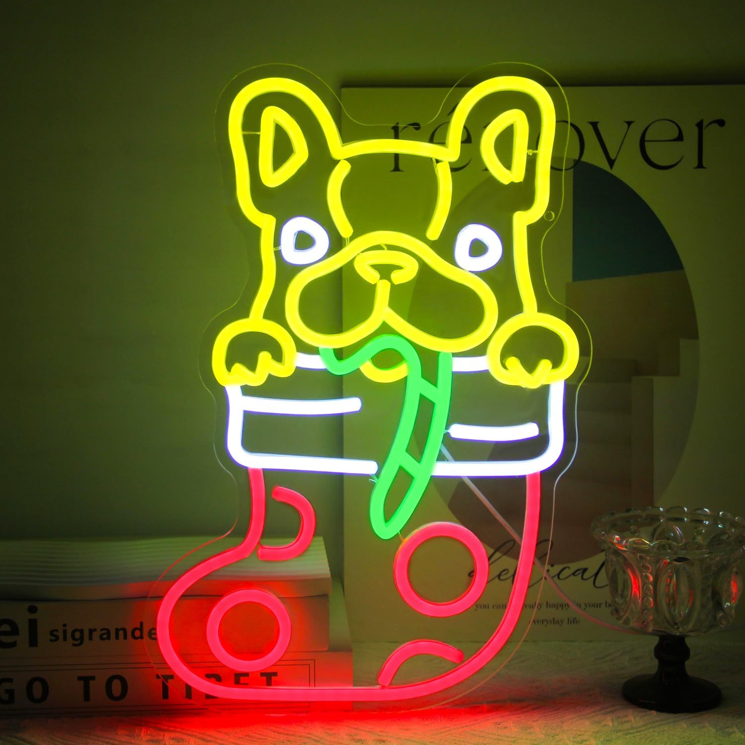 Lighting Christmas Decor - Fransız Bulldoglu Noel Çorabı Neon Tabelası,
